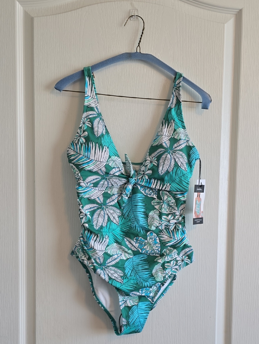 Studio Teal and White Tropical Leaf One-Piece with Front Knot
